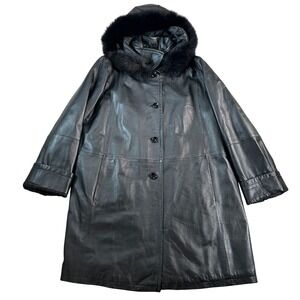 Vera Pelle Italian Leather Coat Black Real Fox Fur Trim Hooded Jacket Size 48